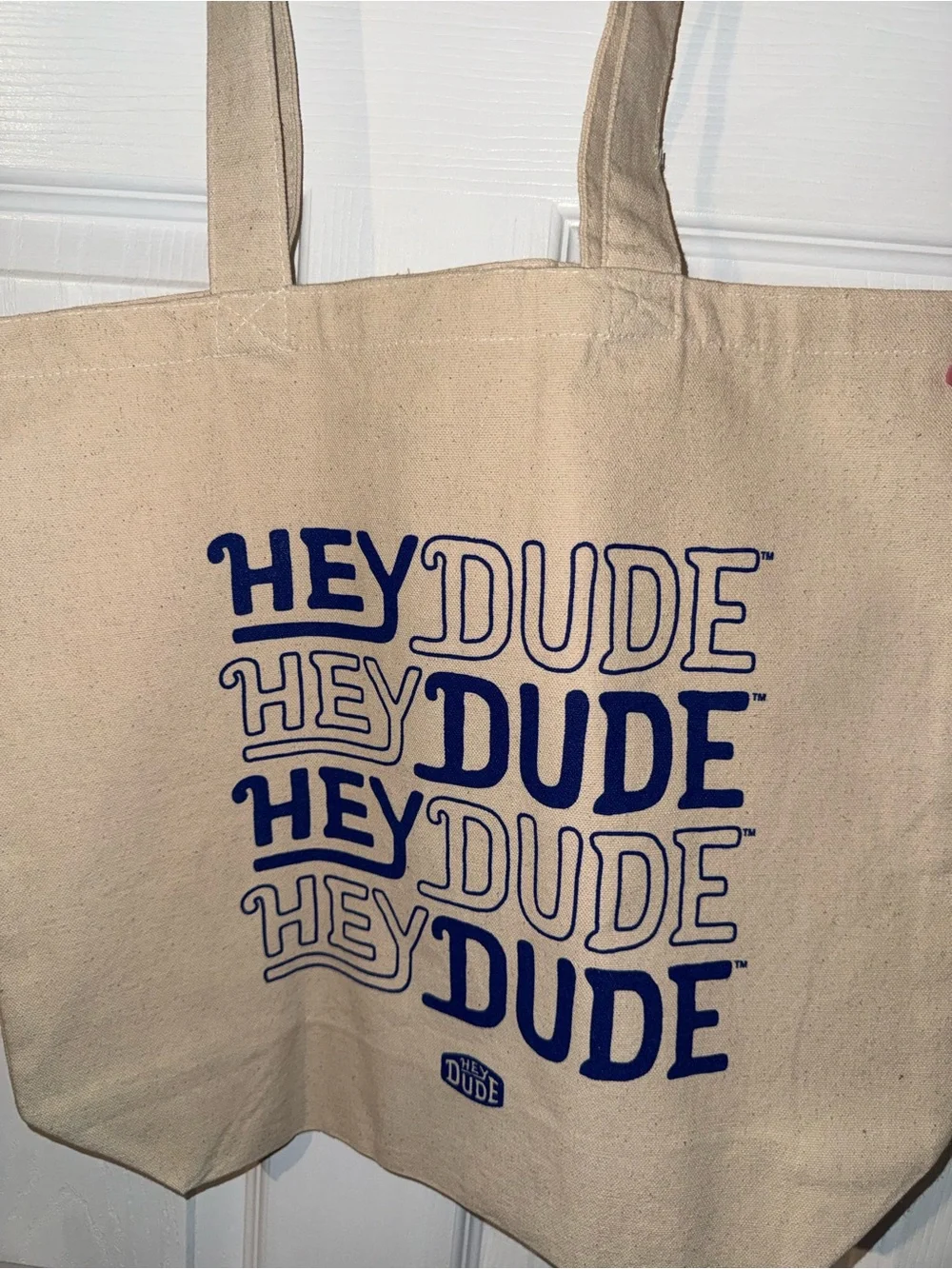 Hey Dude Medium Canvas Tote Shoulder Bag Beach Purse Blue Cream New